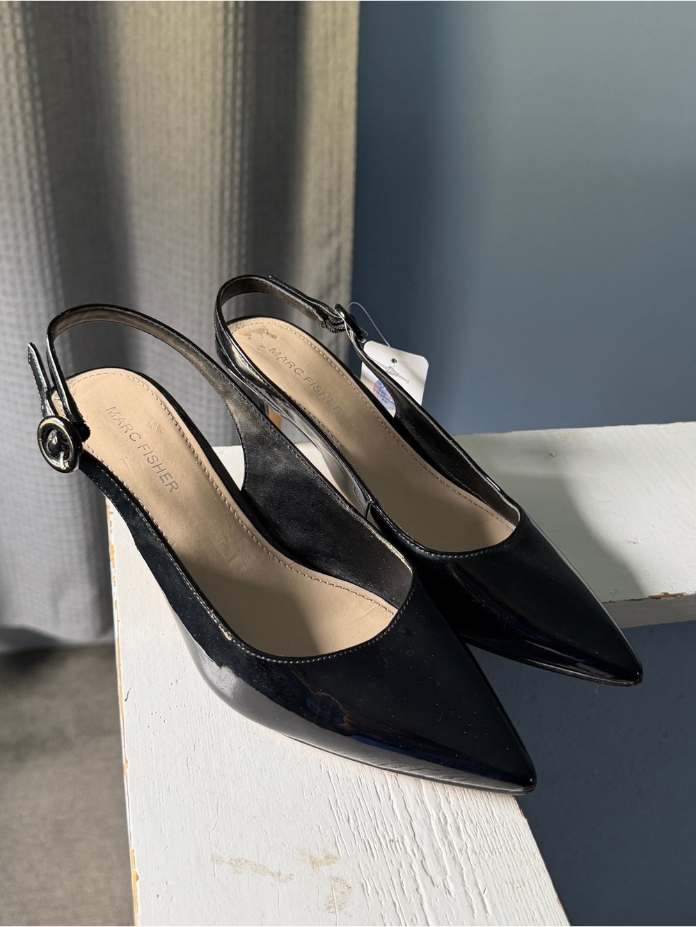 Marc Fisher Black Patent Slingback Pointed Kitten Heels
